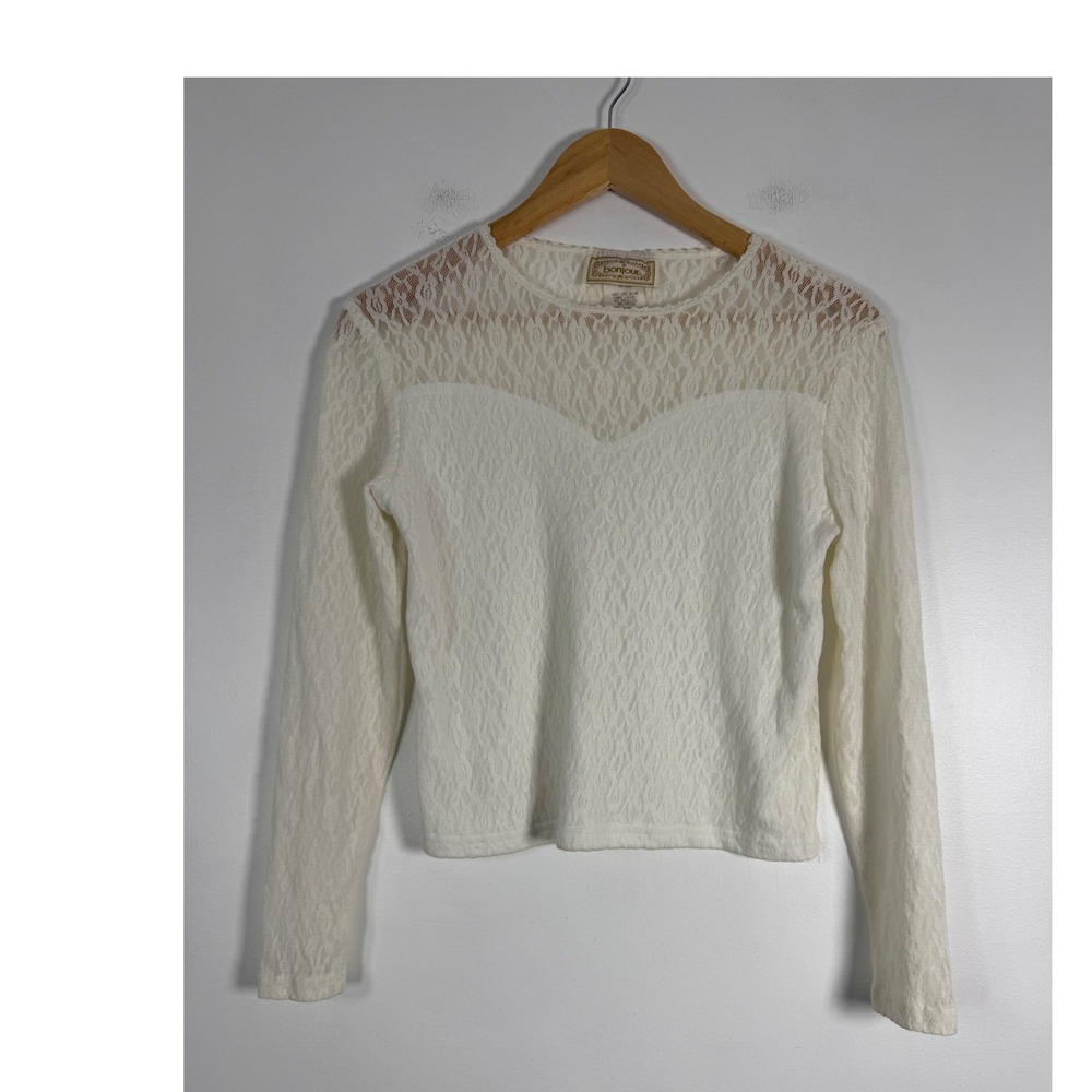 Vintage Bonjour Womens Medium Lace Top White Long Sleeve Sheer Yoke Sweetheart